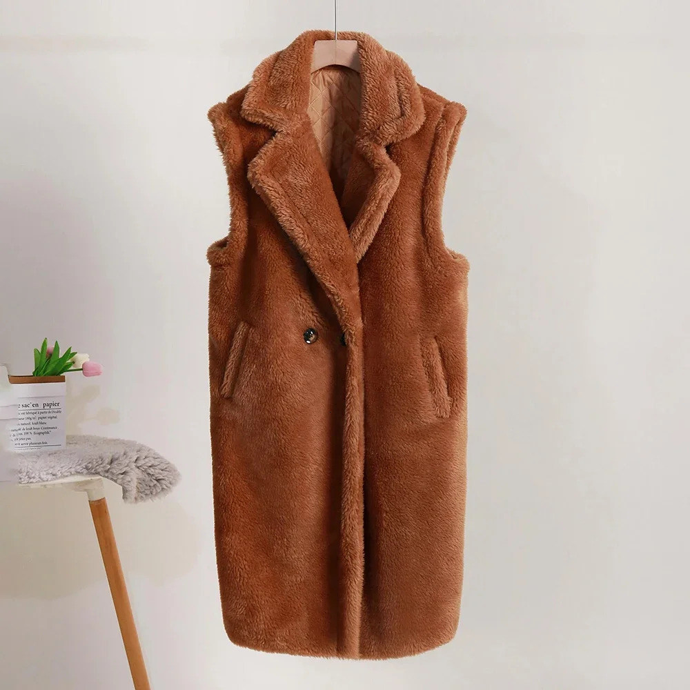 runway fashion long teddy bear gold-plated fur vest womens winter warm sleeveless faux fur leather jacket belt 241112