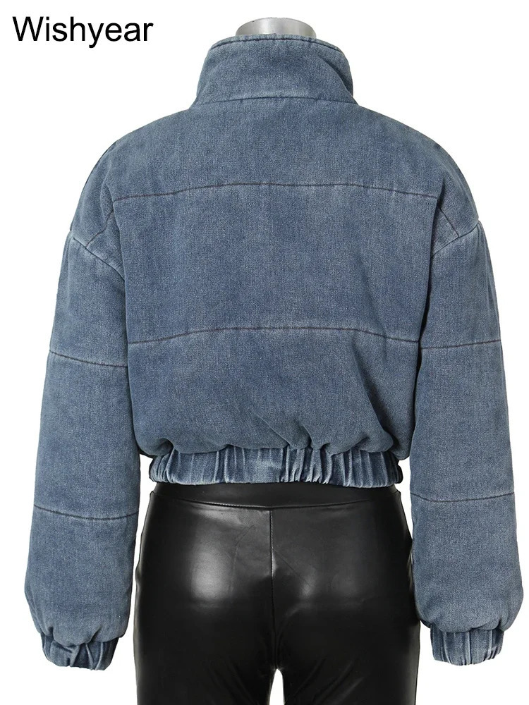 Autumn and winter standing collagen long sleeved streetwear jeans jacket club womens retro birthday pocket denim parkour jacket 241112