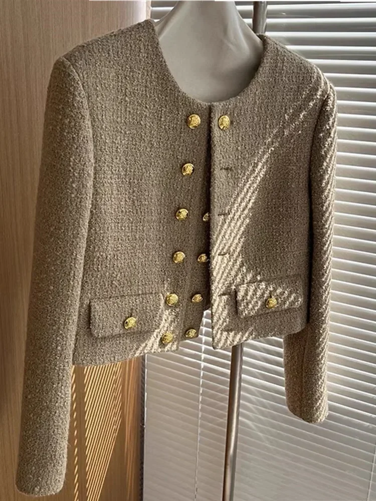 New High End Elegant Tweed Jacket Coat Women Autumn Winter Long Sleeve O-neck Double Breasted Woolen Outwear French Runway Tops