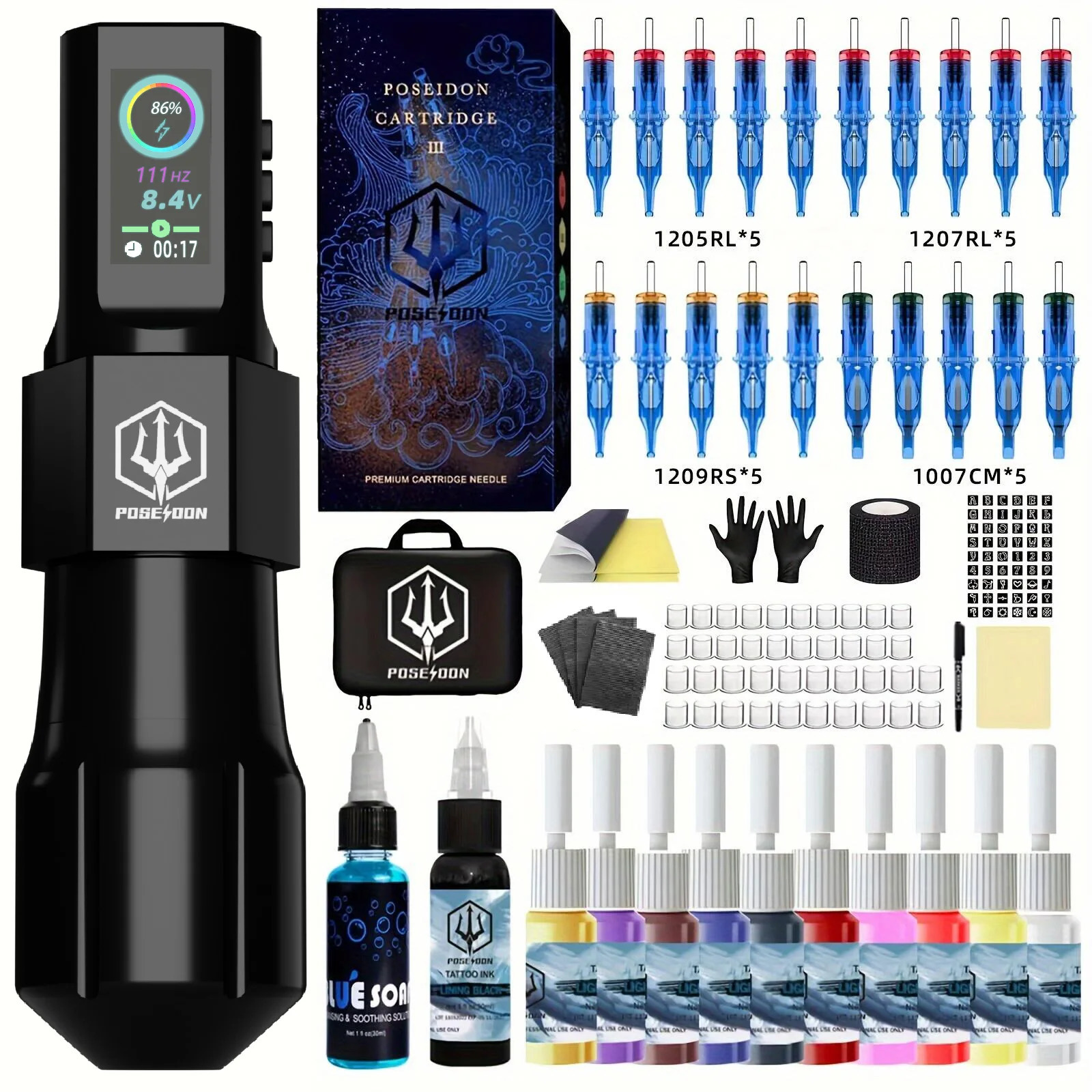 Tattoo Kit POSEIDON Cool Tattoo Pen Kit for Permanent Makeup Tattoo Machine Tattoo Kit Wireless Tattoo Power Tattoo Gun Kit 241112