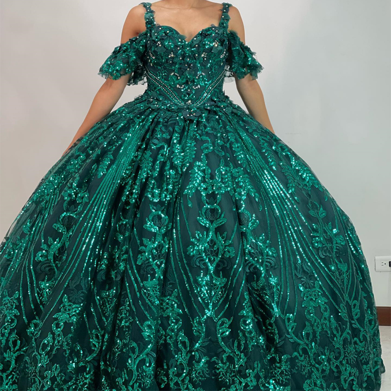 Emerald Green Shiny Quinceanera Dress Princess Lace Beads Crystal Corset Sweet 16 Girl Party Prom Gown Vestidos De 15 Anos