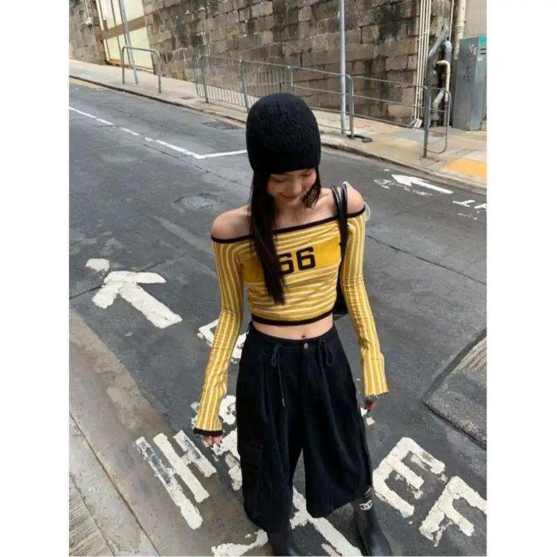 Tawaaiw striped knitted top long sleeved T-shirt womens clothing Korean fashion shoulder knitted autumn winter top T-shirt Y2k 241112