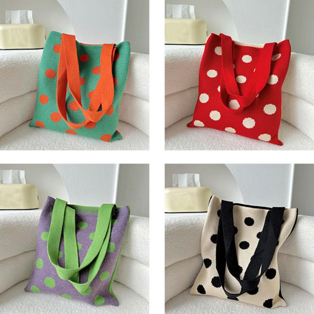 Wave Point Knit Handbag Reusable High-capacity Knit Knot Wrist Bag Tote Bag Student 36a70