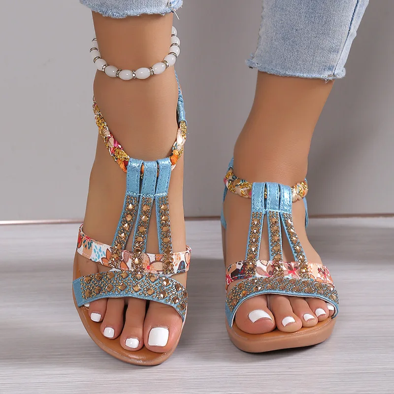 Women Wedge Sandals Summer Bohemia Casual High Heels Sandals Fashion Female Peep Toe Rhinestones Outdoor Beach Shoes