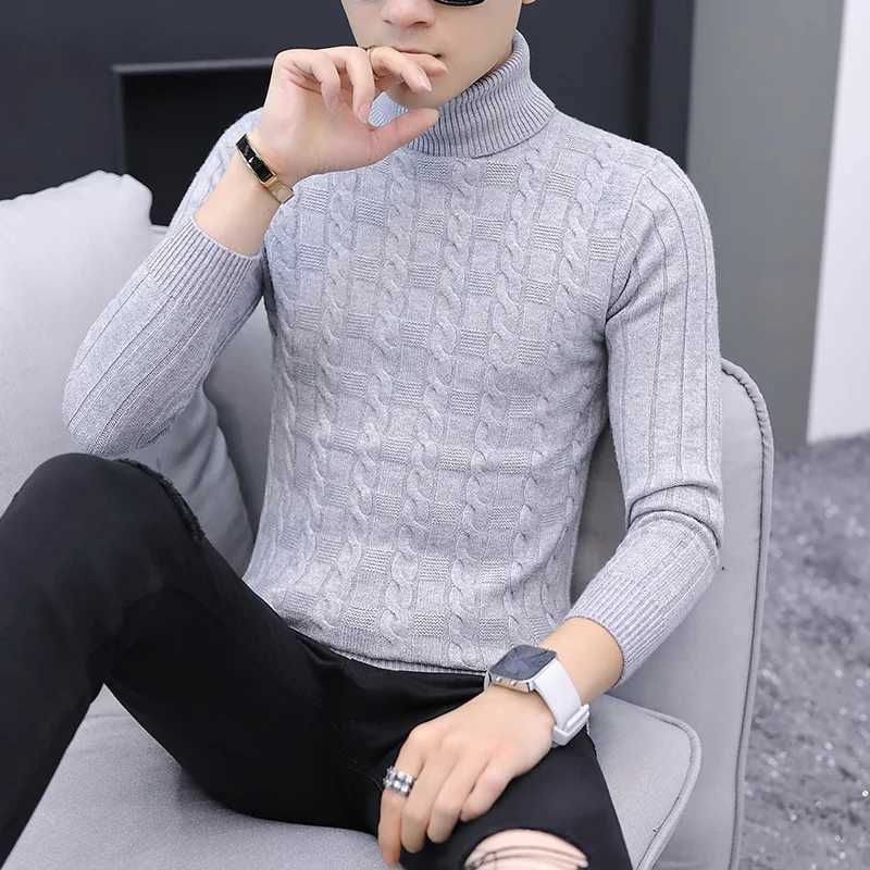 Mens casual solid color sweater long sleeved warm knit navy blue neck sweater mens clothing W2411111