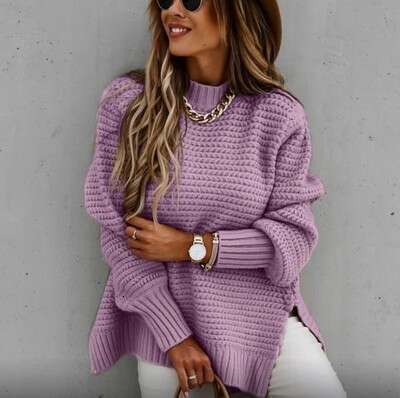 2024 Autumn/Winter New Half High Collar Loose Solid Color Long Sleeve Coarse Needle Side Split Knitted Sweater for Women