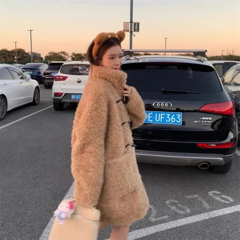 Heygirl Black Brother Teddy Pupu Chao Leather Ring Horn Buckle Warm Loose Cashmere Coat Womens Open Skirt Jacket 241112