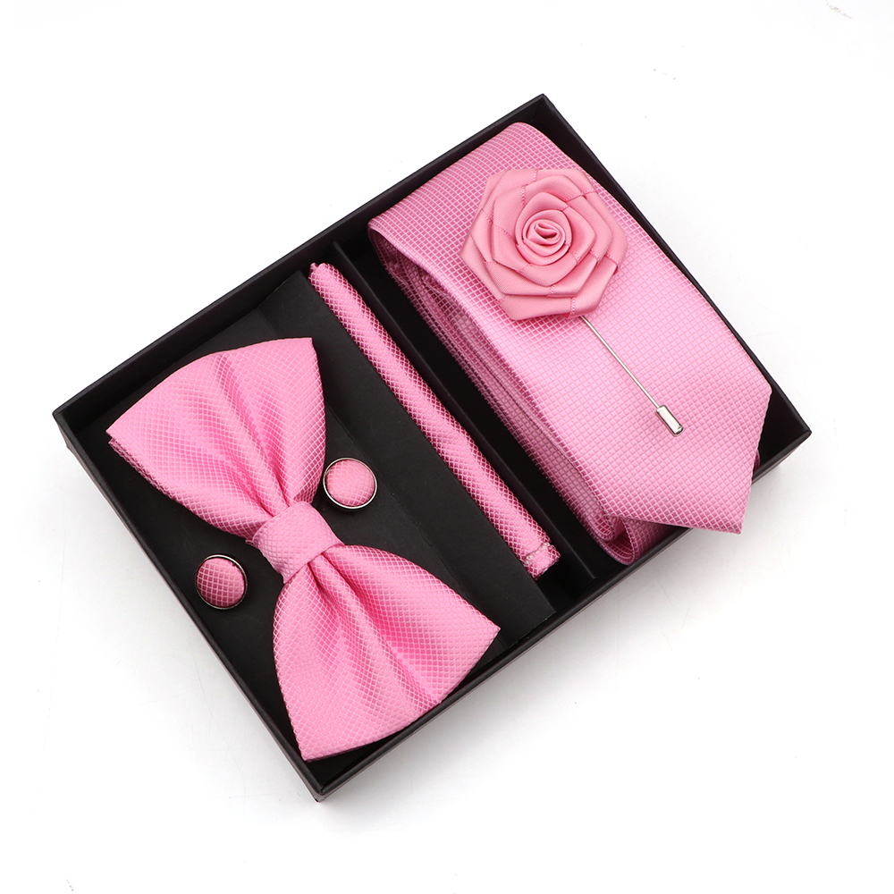 Solid Color Slim Plaid Ties Set With Box Purple Pink Bowties Handkerchiefs Brooches Cufflinks For Wedding Suit Accessories Gifts 950fb