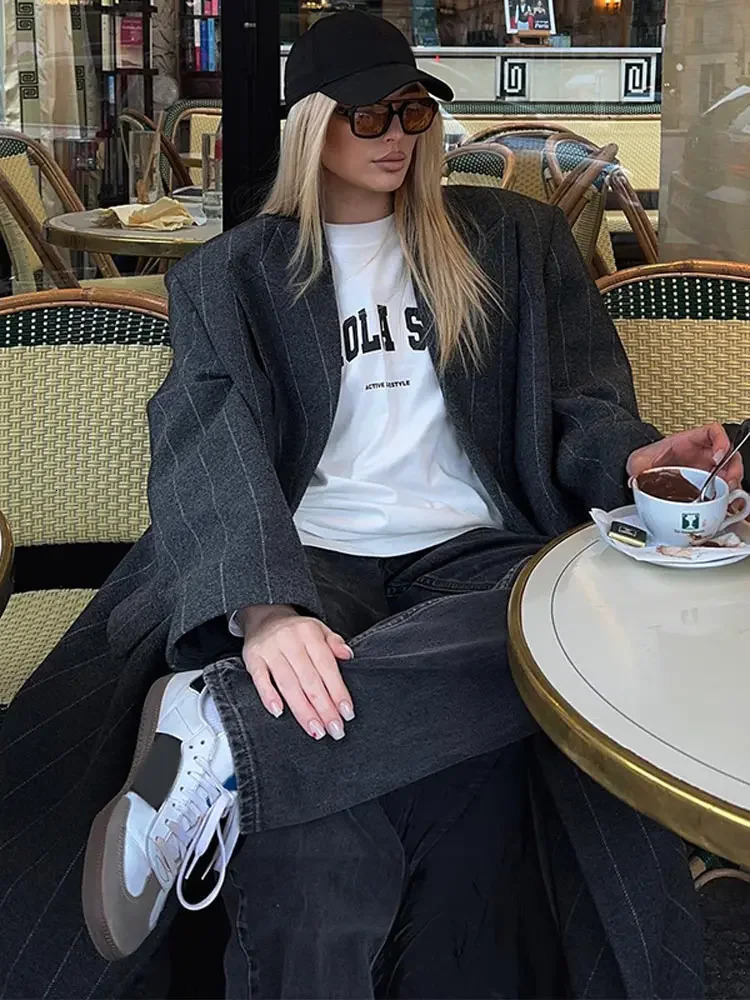 dark gray striped wool coat womens fashionable lapel long sleeved loose long coat autumn womens commuting office coat 241112