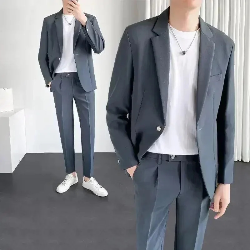 S5XL High Quality Mens Suit Gentlemen Simple Business Casual Fit Suits 2 Pieces Set Classic Solid Color Jacket Blazer Pants 240412