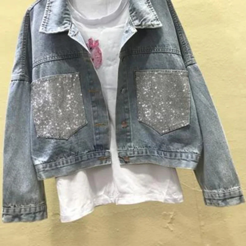 Womens denim jacket coat diamond rhinestone sequin small print womens jeans blue short spring autumn crop 241112