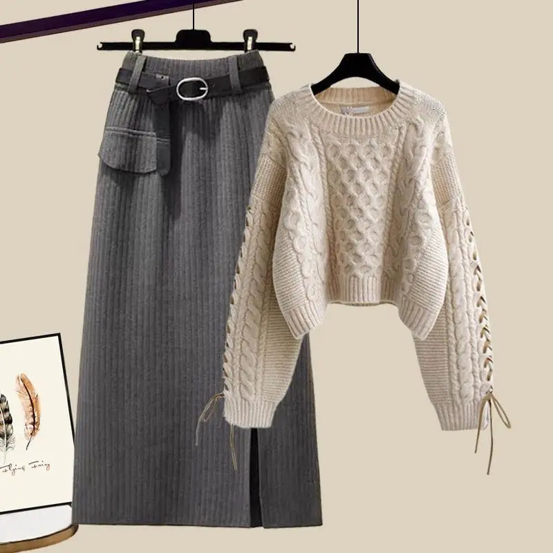 Big Womens Winter Set Womens Korean Sweater High Waist Ultra Thin Half Skirt Two Piece Set Sweater Matching Set 241112