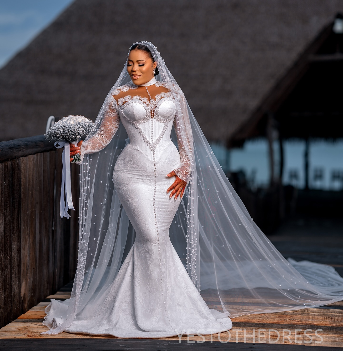 2024 African Wedding Dress Bridal Gowns Plus Size Mermaid Wedding Gowns High Neck Long Sleeves Beaded Pearls Lace Gowns For Nigeria Black Women Marria