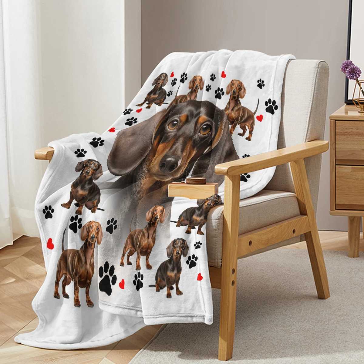 Dachshund Blanket Cute Black and Red Paws Printed Soft Flannel Blanket Warm Cozy Blanket for Teens Adults kidsXJ241111