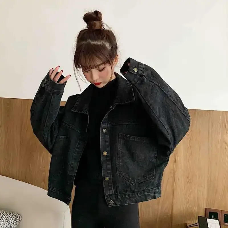 Black denim shorts womens jacket loose single chest button pocket Korean fashion retro Harajuku casual streetwear women 241112