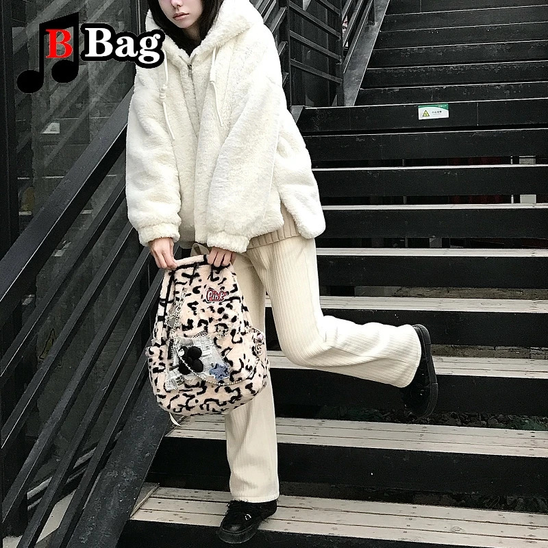 Y2K womens cute fur shoulder bag backpack Harajuku retro leopard print shoulder bag Lolita student handbag 241111