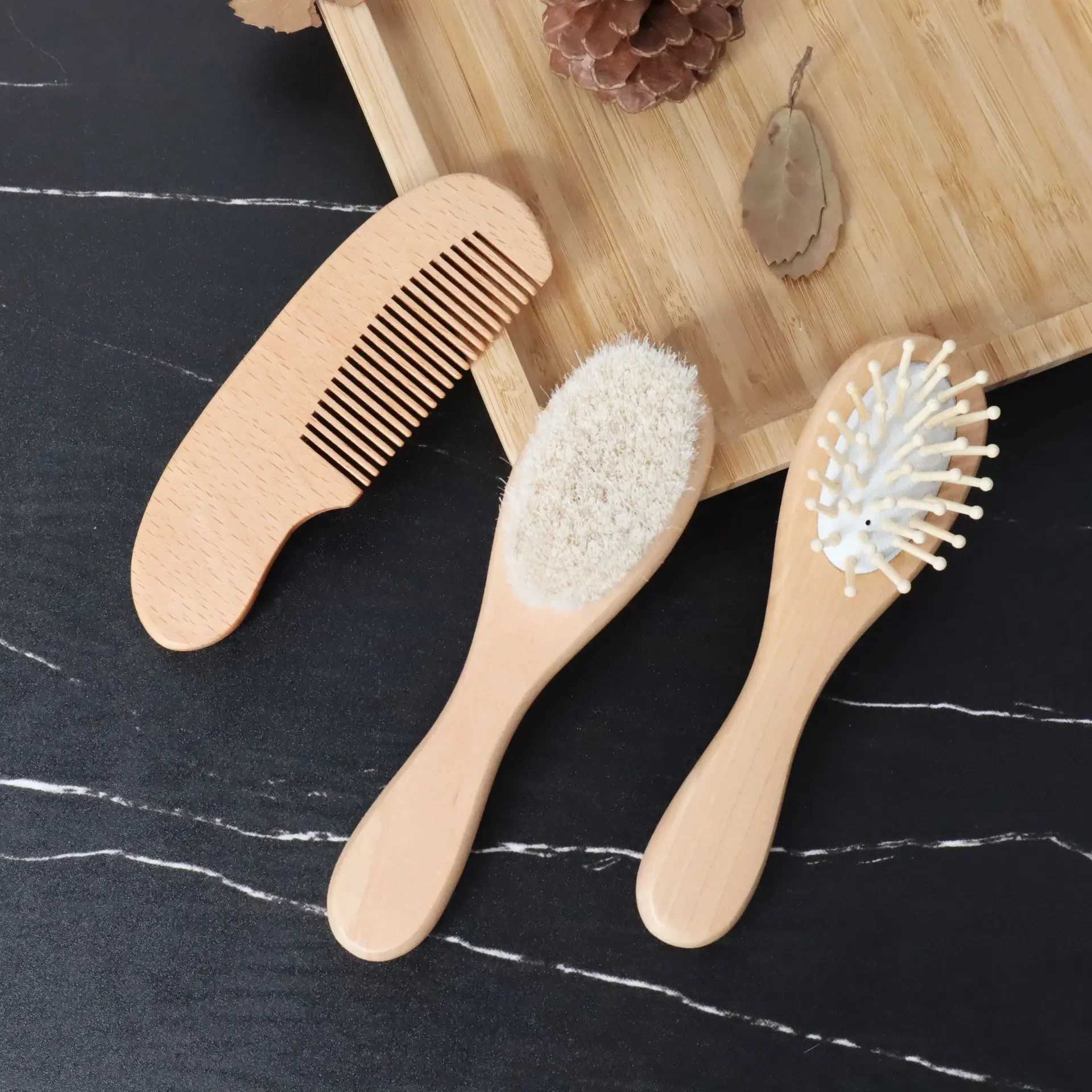 Baby brush and comb set wooden handle baby round brush natural goat hair brush baby cradle cap brush W241112