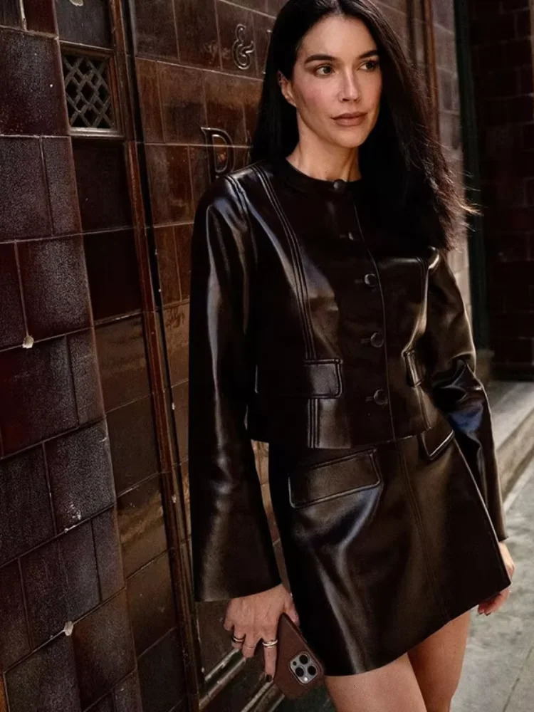 PU leather jacket short sleeved set womens single chest jacket set with high waisted mini leather jacket womens high street set 241112