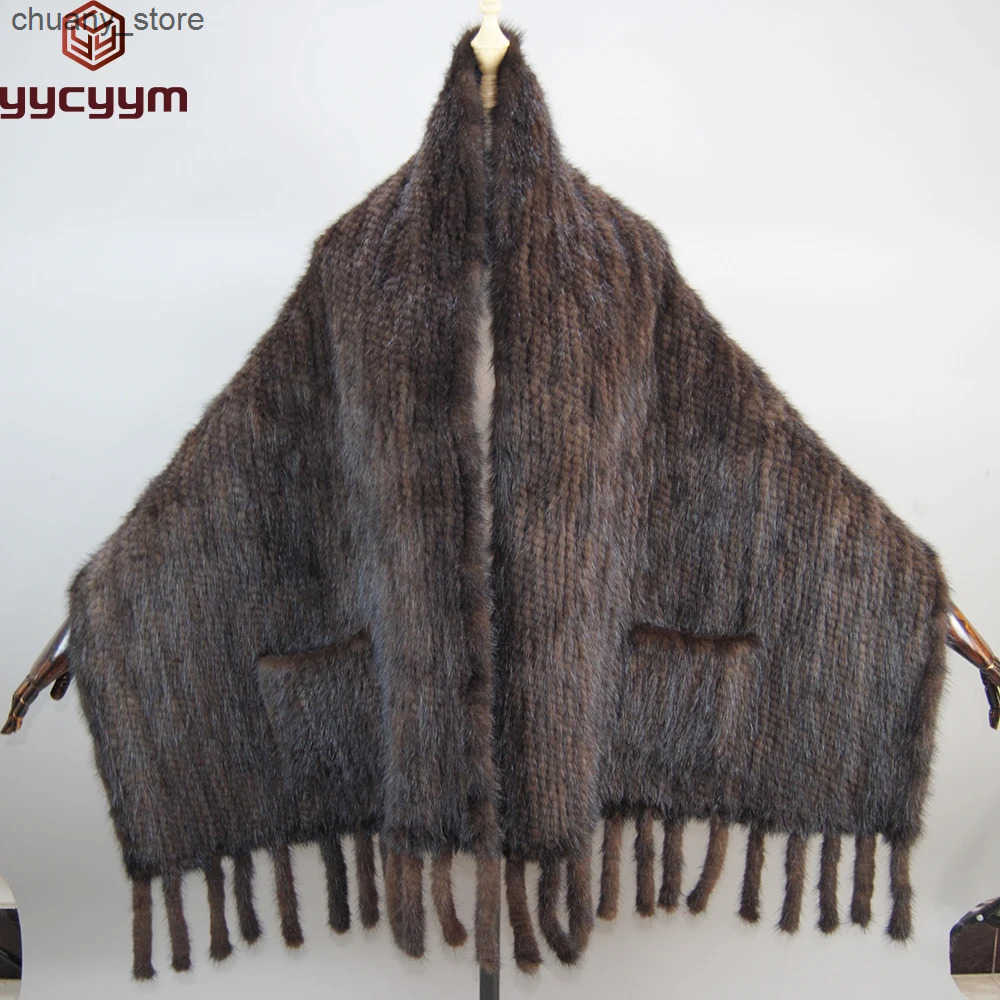 Scarves Long winter real mink scarf for women natural mink shawl for women knitted real mink Pashmina scarf for women L240910