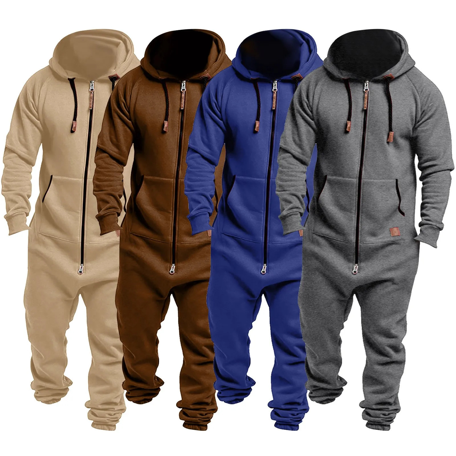 Mens Hooded Jumpsuit Warm Long Sleeve One Piece Zipper Hoodies Tracksuit Plus Size Loose Casual Sportwear Romper Male Suit 241111