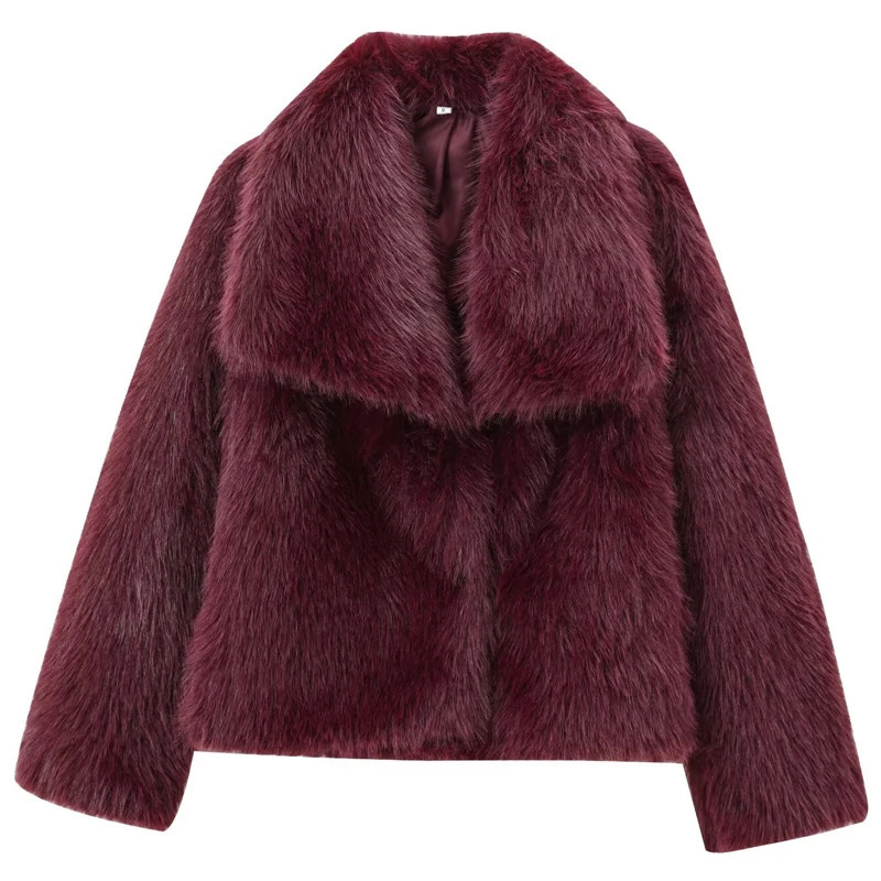 HXAO Womens Fur Coat Plush Burgundy Bomber Jacket Solid Crop Long Sleeve Jacket Warm Winter Coat Womens Casual Coat 241112