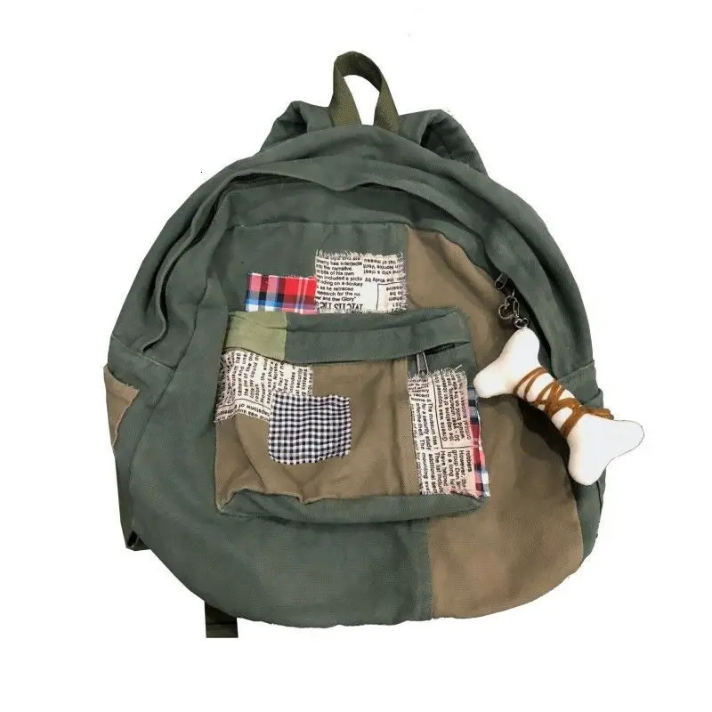 Patchwork retro Y2k aesthetic canvas bag Grunge simple Japanese student backpack womens fully matched fashionable pendant backpack 241111