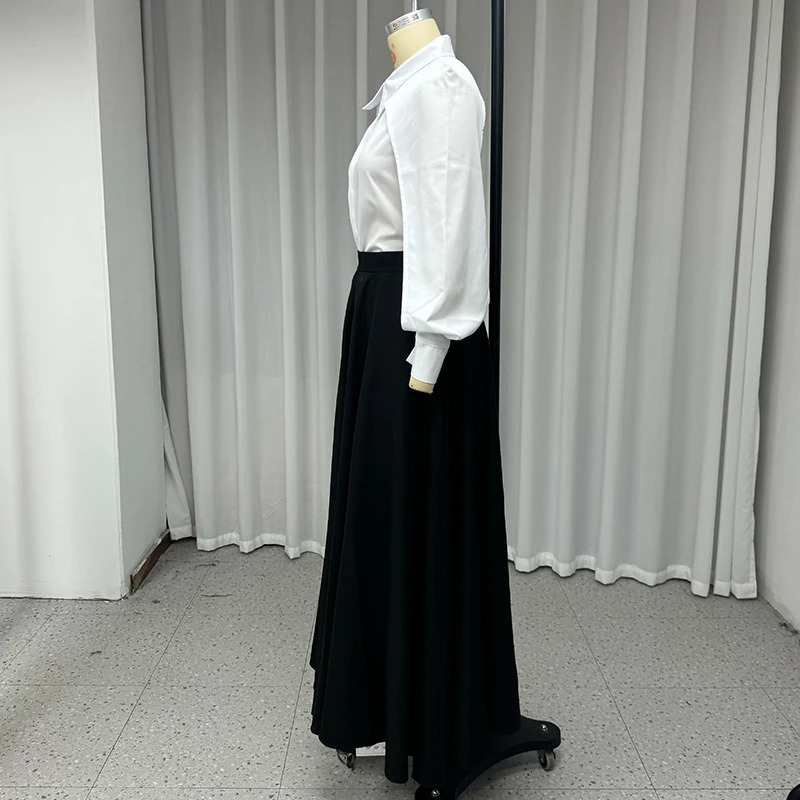 Wefads autumn and winter two-piece set elegant solid long sleeved hollow collar shirt loose black dress set womens dress 241112