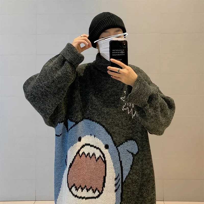 Mens Turtle Neck Shark Sweater Mens 2023 Winter Patch or Harajuku Korean High Neck Mens Extra Large Grey Turtle Neck W2411111