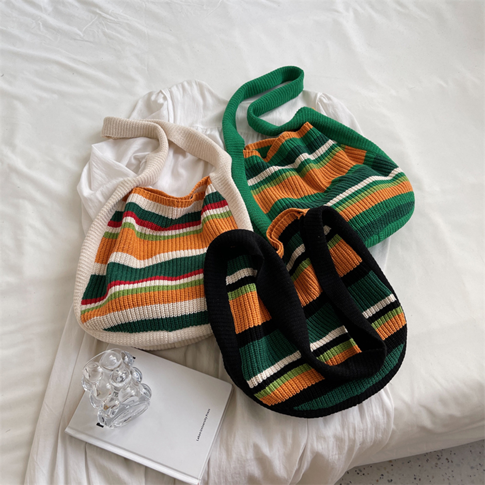 Women Crocheted Shoulder Purse Large Capacity Aesthetics Sling Bag Contrast Color Cute Tote Handags Woven Bag for Female Girls
