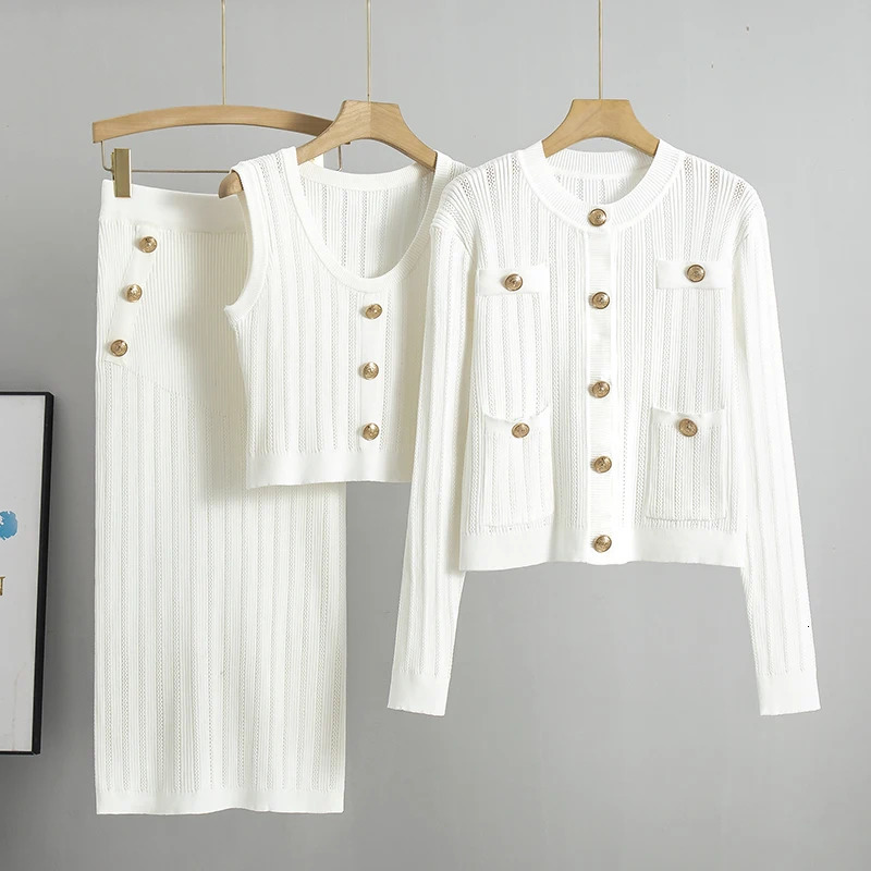 Spring Hollow Knitted Set Elegant 3-Piece Womens Set Womens Coat Korean Fashion Sweater Womens Set 241112