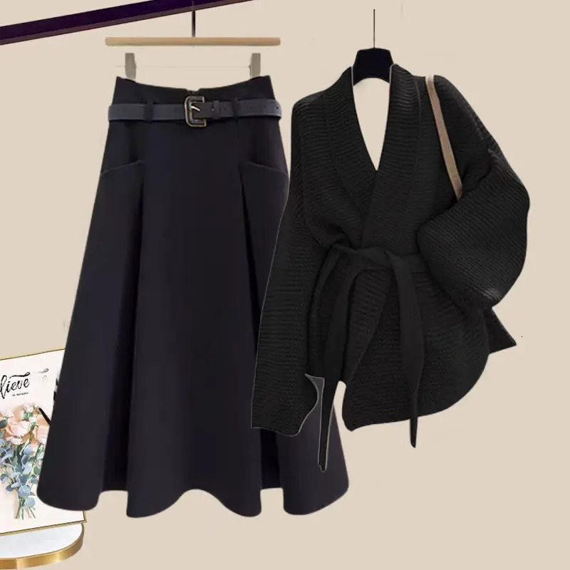 Autumn and Winter Set Womens Fashion Age Stress Relief Waist Clip Open Woolen Sweater Medium Long Two Piece Set 241112