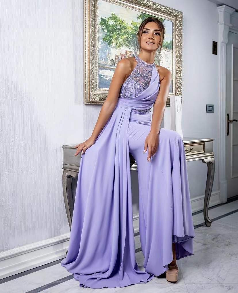 Beaded High Collar Prom Dresses Evening Gown Halter With Crystal Womens Special Ocn Dress Side Train Satin Robe Des Marrige 6660306
