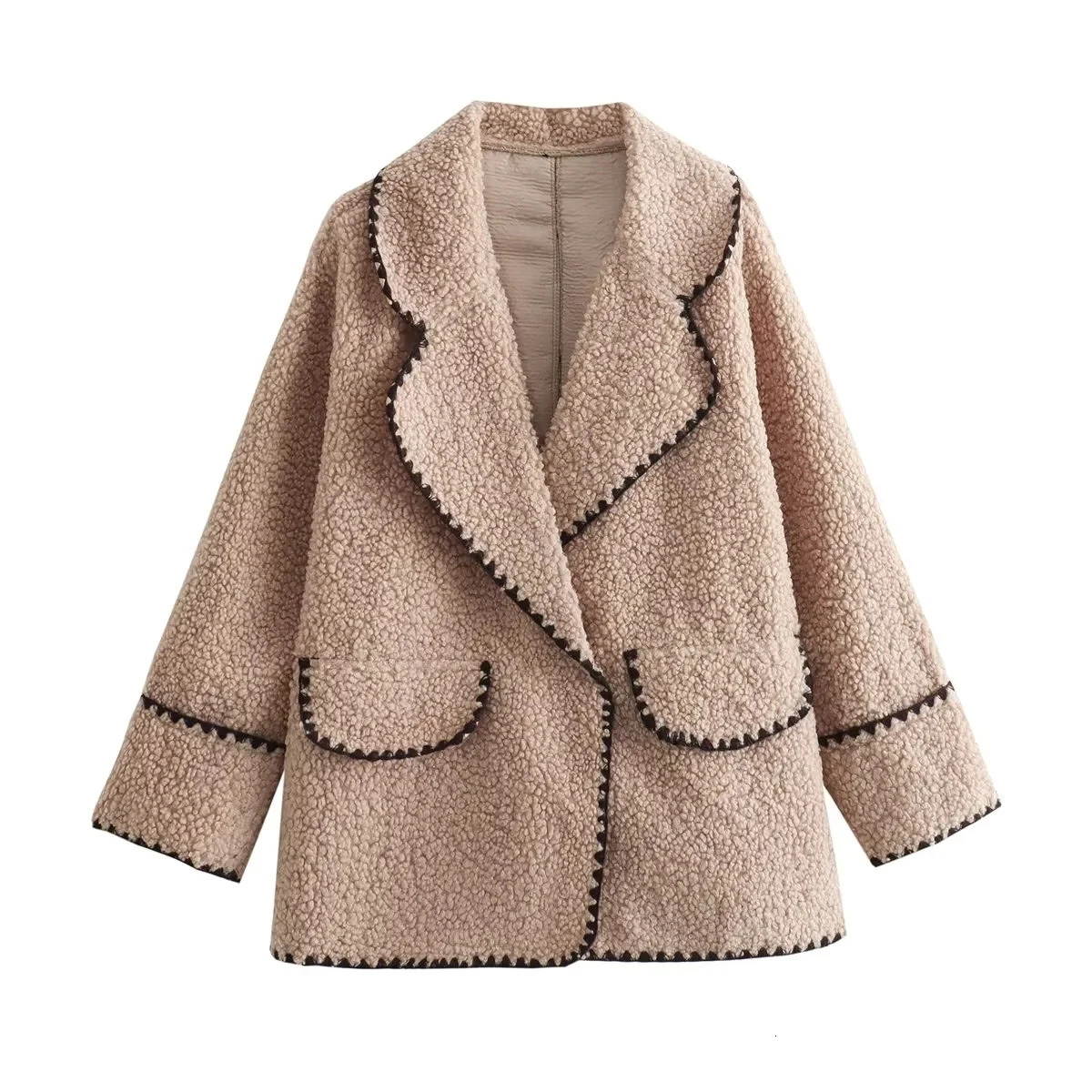 Traf Cropped wool jacket womens fluffy long sleeved plush jacket womens fashionable autumn item Coats warm teddy short Coats 241112