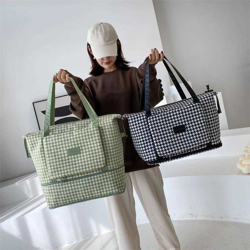 Trendy Fashion Portable Travel Bag Grid Pattern Expandable Fitness Bag Large Capacity Set Luggage Bag