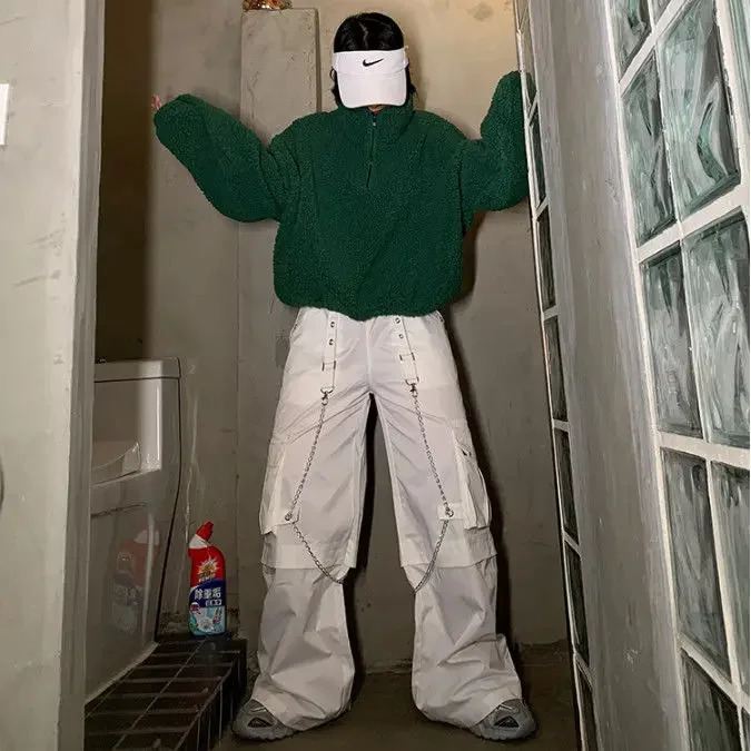 White Cargo Pants Women High Waist Harajuku Wide Leg Loose Fashion Casual Streetwear Chain Trousers Joggers Pantalones 241112