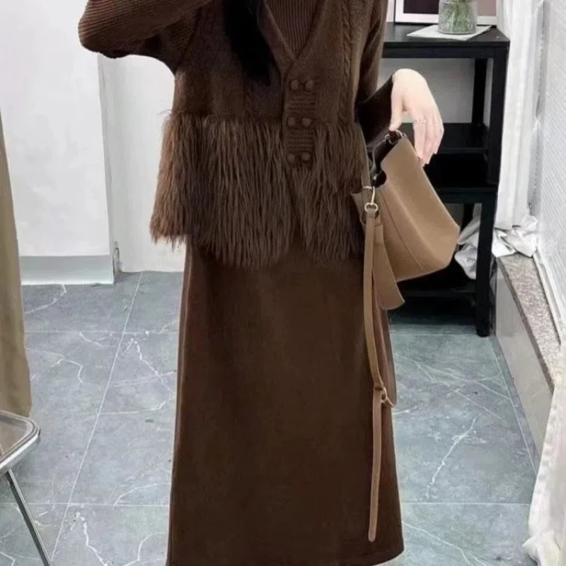 Vest Knitted Dress Two Piece Set Autumn/Winter Weight Loss Sweater Elegant Womens Wear Set 241112