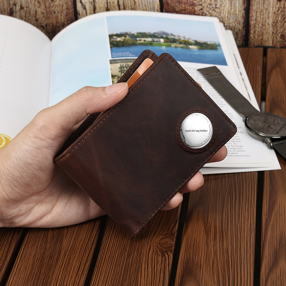 Crazy Horse Leather Men Wallet with Tracker Pocket Coin Purse Small Mini Card Holder RFID Male Wallet Air Tag Holder Cover Purse b6c61