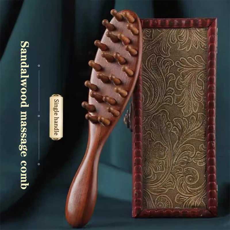 Golden Sandalwood Comb Head Meridian Comb Natural Sandalwood Long Handle Comb Multi functional Insert Teeth Massage Comb 22 Nails W241112