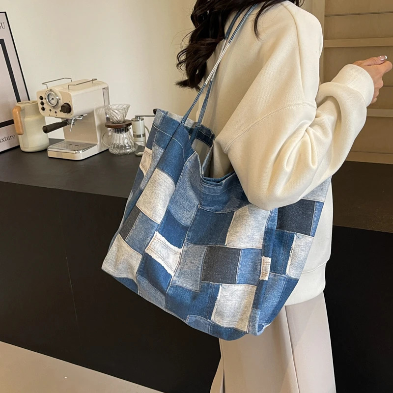 selling casual canvas denim patch work womens shoulder bag fashionable casual large capacity handbag 241111