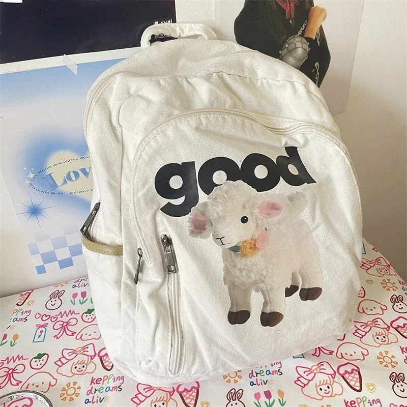 Cartoon Cute Sheep Printing School Bag Japanese Anime Preparatory Kawaii Backpack Y2k Aesthetics Harajuku High Capacity Canvas Bag 241111