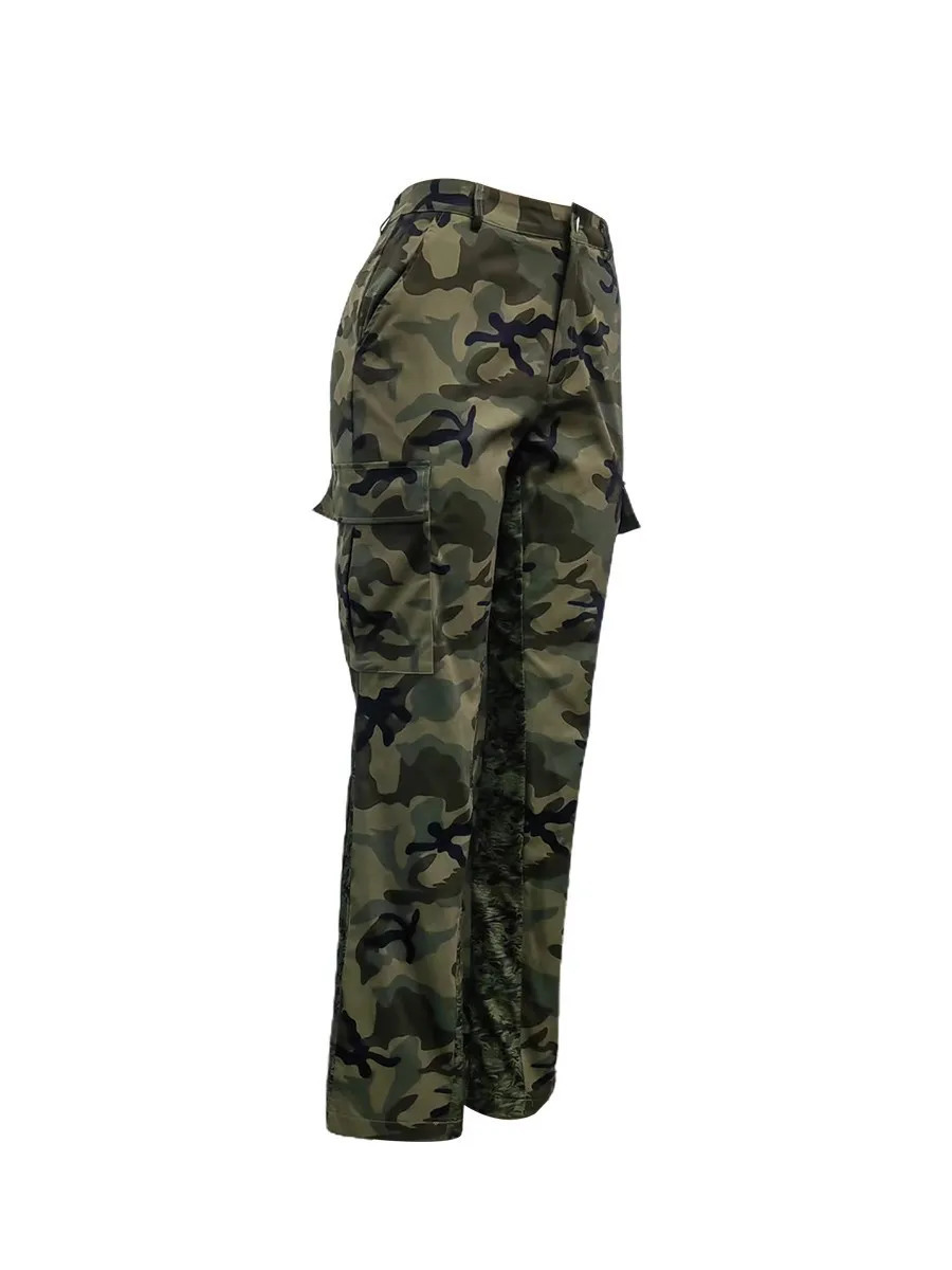 LW Plus Size Camo Print Side Pocket Cargo Pants camouflage Mid Waist Casual women Camo Pants Regular leisure lady Pants 241112
