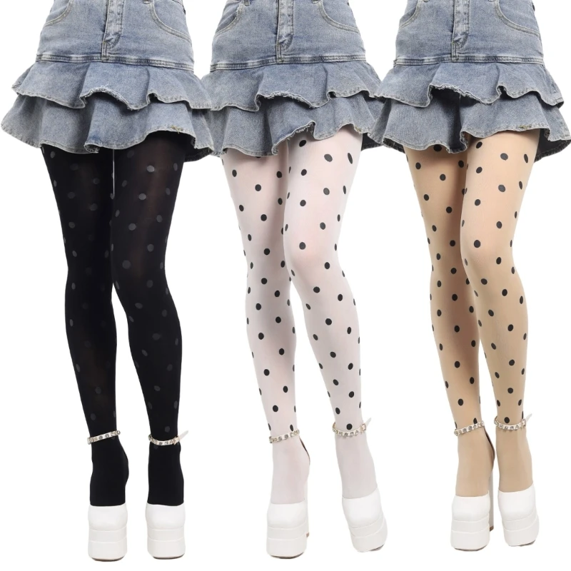 Women Opaque Tights Japanese JK Girl Vintage Dot Print Silky Pantyhose Stockings