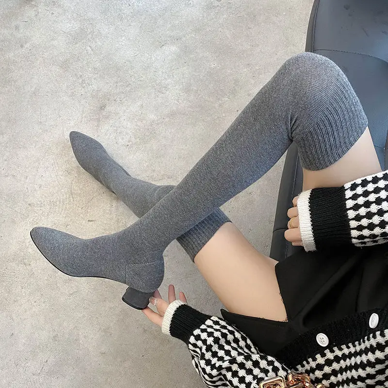 Thigh High Boots Shoes Sock Women's Over-the-knee Elegant Woman Sexy Tights Chunky Heels 2022 Autumn Winter Knitting Long boot