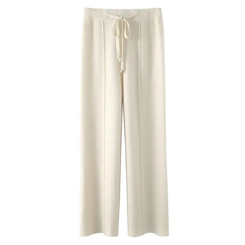 Woollen Trousers Womens Autumn/Winter Exterior Knitted Loose Pants White Mop Pants Small Straight Cloud Pants 241112
