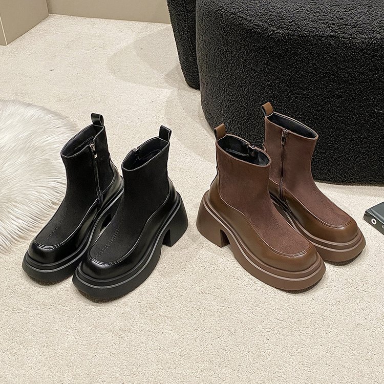 Women's Retro Thick Soled Versatile Suede Patchwork Short Boots Free Shipping.