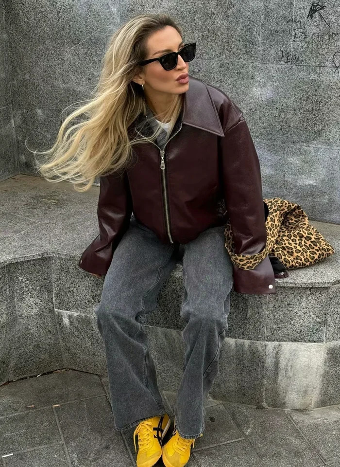 YENKYE Autumn Womens Fashion Artificial Leather Jacket Long Sleeve Collar Womens Motorcycle Coat Wine Red Womens Set 241111