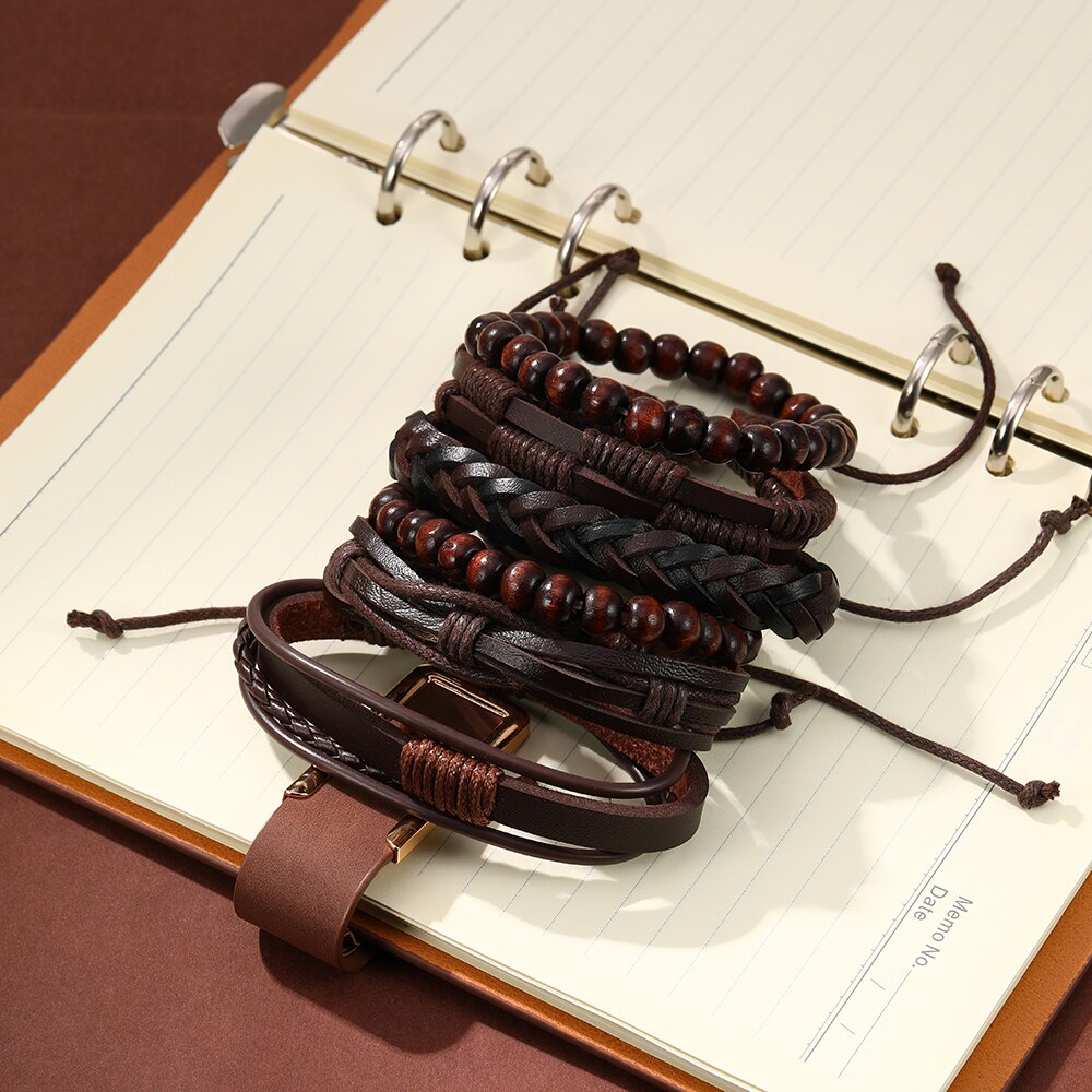 6PCS Set Men's Vintage Braided Cowhide Bracelet Multi-layer Leather Bracelet 08fe0 5 d8322
