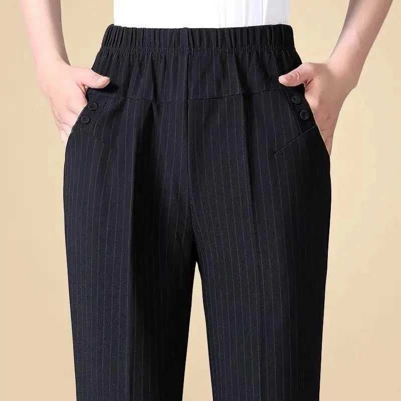 Autumn winter warm middle-aged and elderly plain elastic waist casual straight pants womens Trouser womens striped black pants 5XL 6XL 7XL8XL M241111