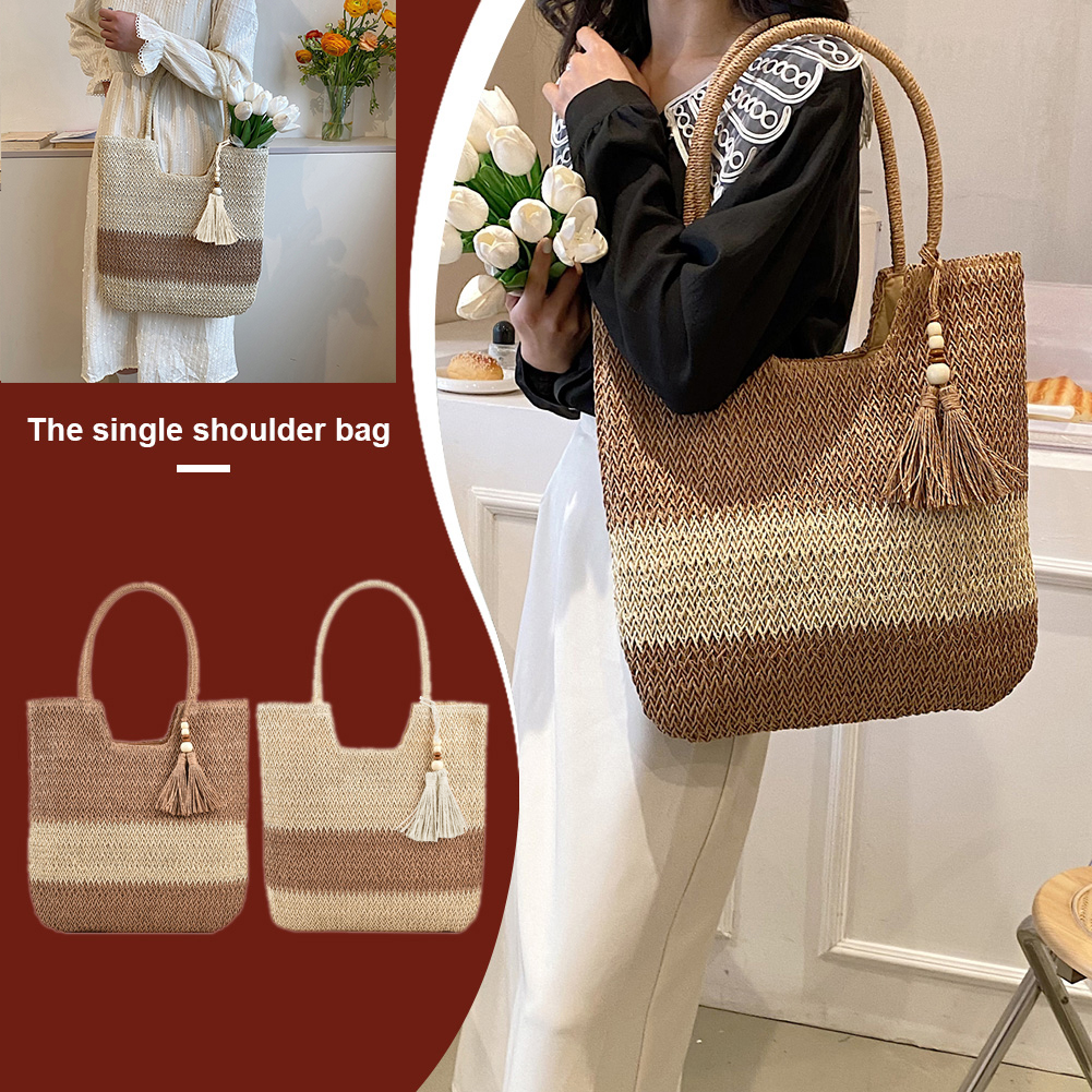 Summer Ladies Woven Tote Contrast Color with Tassels Casual Women Shoulder Bag Large-Capacity Top-handle Bag for Seaside Holiday
