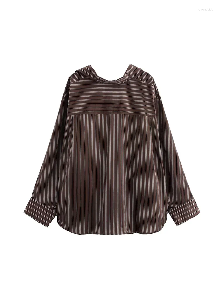 Women's Blouses Women Fashion Striped Pleated Single Breasted Blouse Vintage Lapel Neck Long Sleeves Female Chic Lady Shirts B4